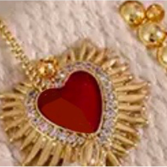 Bursting Sacred Heart of Jesus Immaculate Mary Catholic Ruby Red Fabric Necklace - Picture 7 of 7